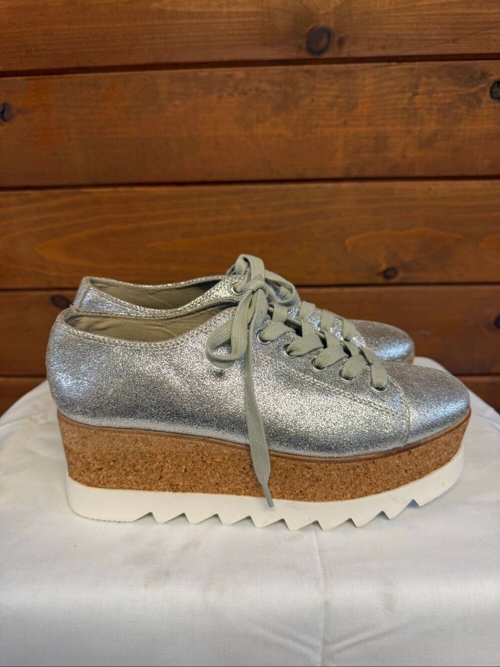 Steve Madden Korrie silver wedge shoes metallic finish cork platform Sz 8 - Picture 2 of 8